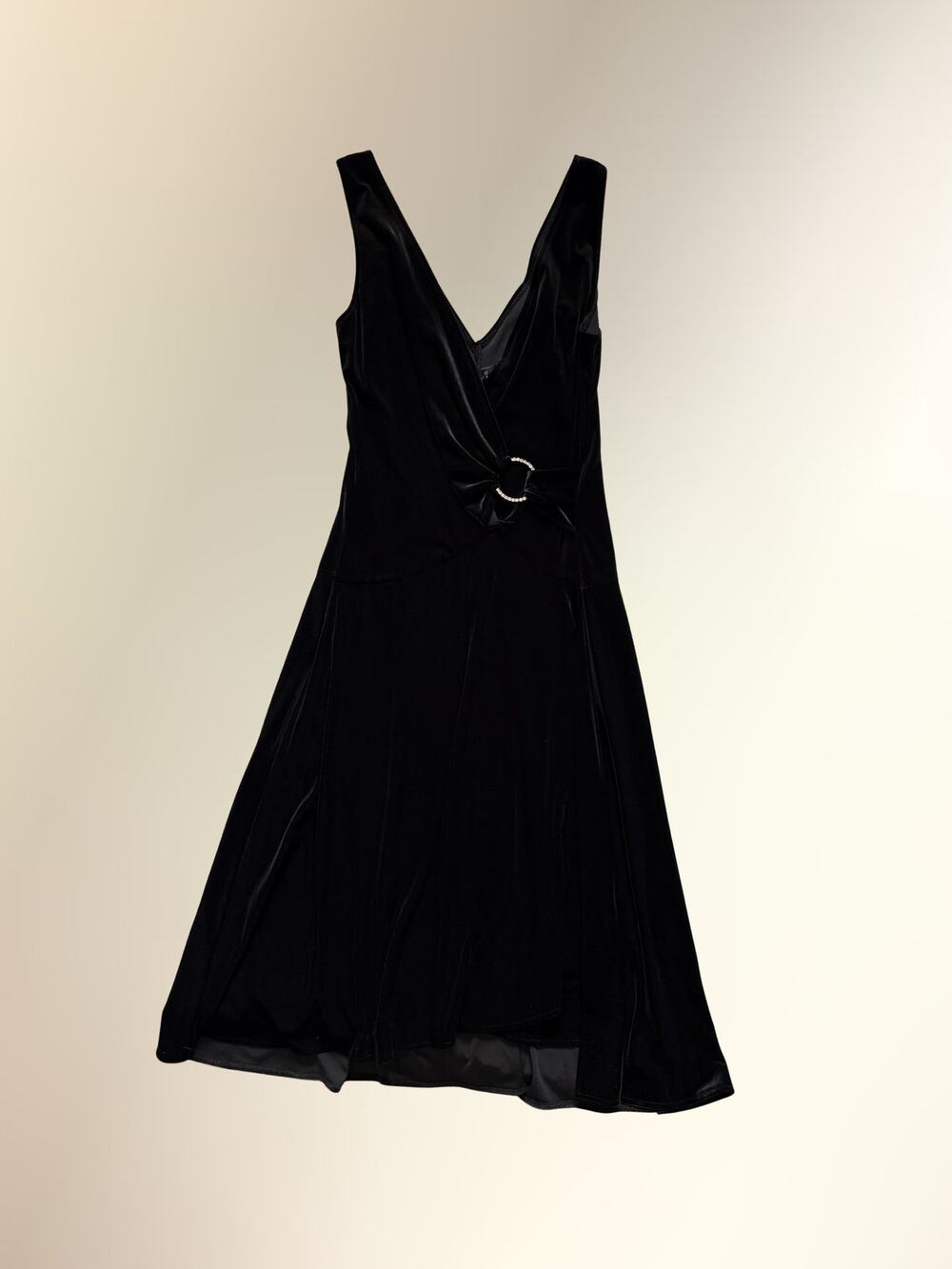 Vintage Connected Apparel Black Velvet O-Ring V-Neck Belted Midi Dress Sz 10